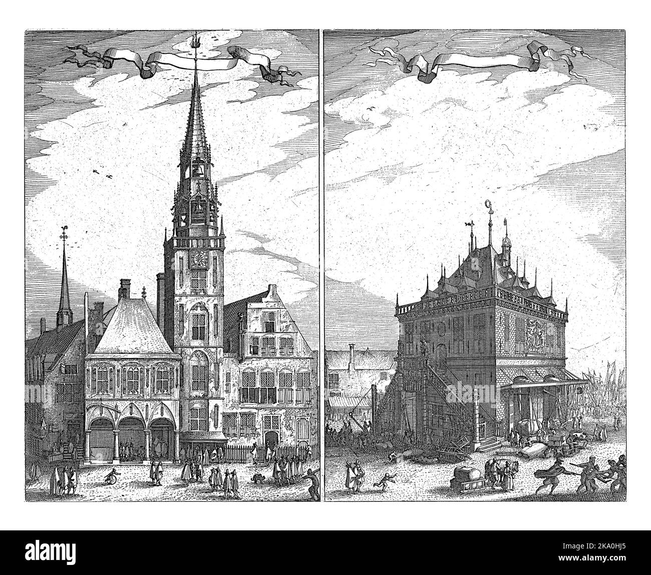 Blick auf das Alte Rathaus und den Waag am Dam-Platz in Amsterdam. Zwei Aufführungen auf einer Platte. Stockfoto