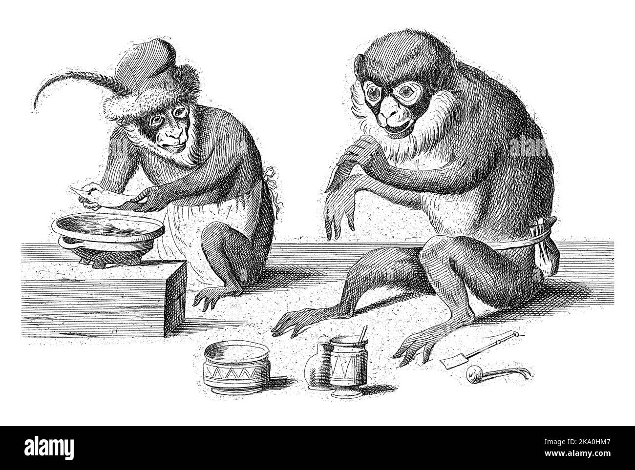 Zwei Affen sitzen auf dem Boden. Man erwärmt Verbandsmaterial über einem Brazier. Der andere legt einen Verband an sein Handgelenk. Stockfoto