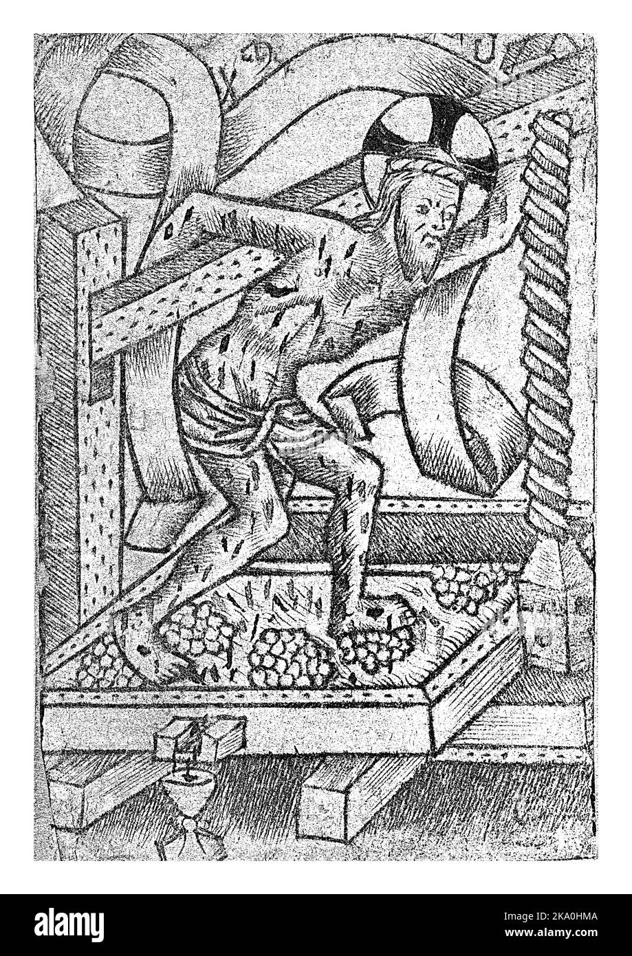 Christus steht auf den Trauben in der Kelter und trägt einen Teil der Presse auf seinem Rücken. Das Blut fließt aus der Presse in einen Kelch. Stockfoto