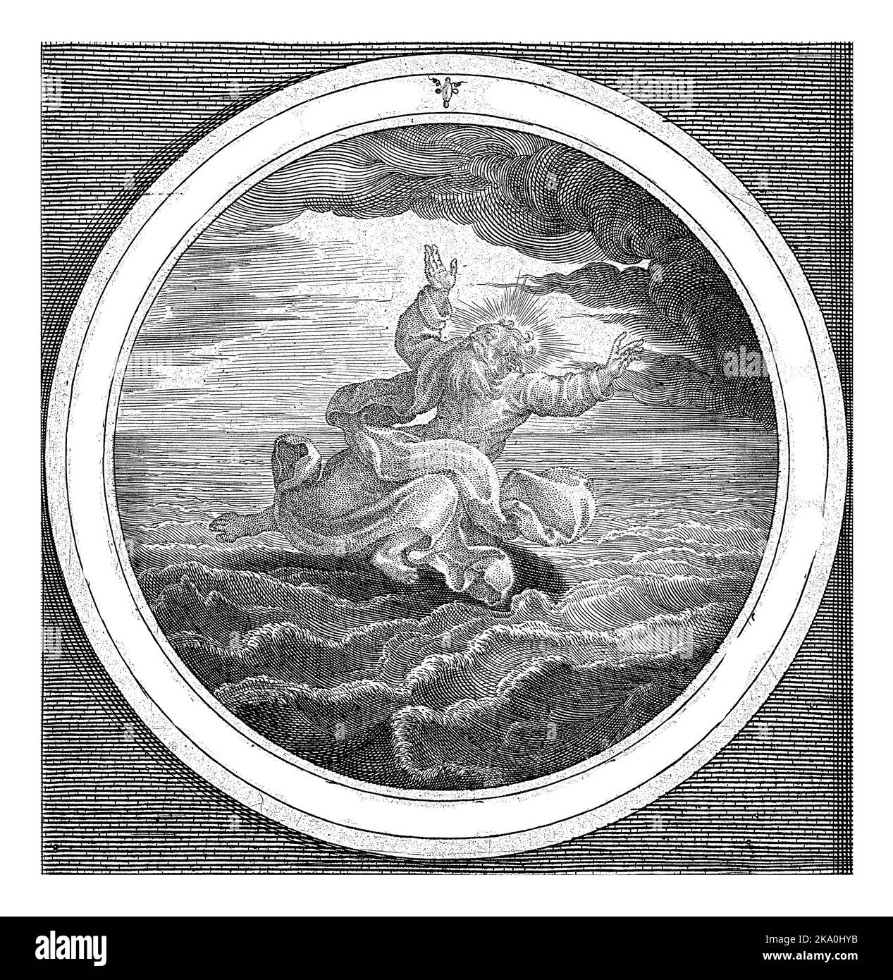 Zweiter Schöpfungstag: Gott trennt die Wassermassen im Himmel und im Meer, Nicolaes de Bruyn, nach Maerten de Vos, 1581 - 1656 Zweiter Schöpfungstag: Stockfoto