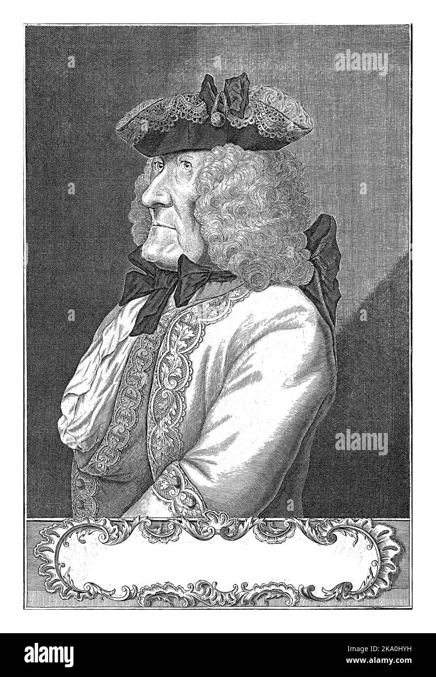 Porträtbüste links vom Ritter von Pancey, mit Hut. Unter dem Porträt befindet sich der Name der Person, die in einer Kartusche und einem zweizeiligen Scheitelpunkt dargestellt ist Stockfoto