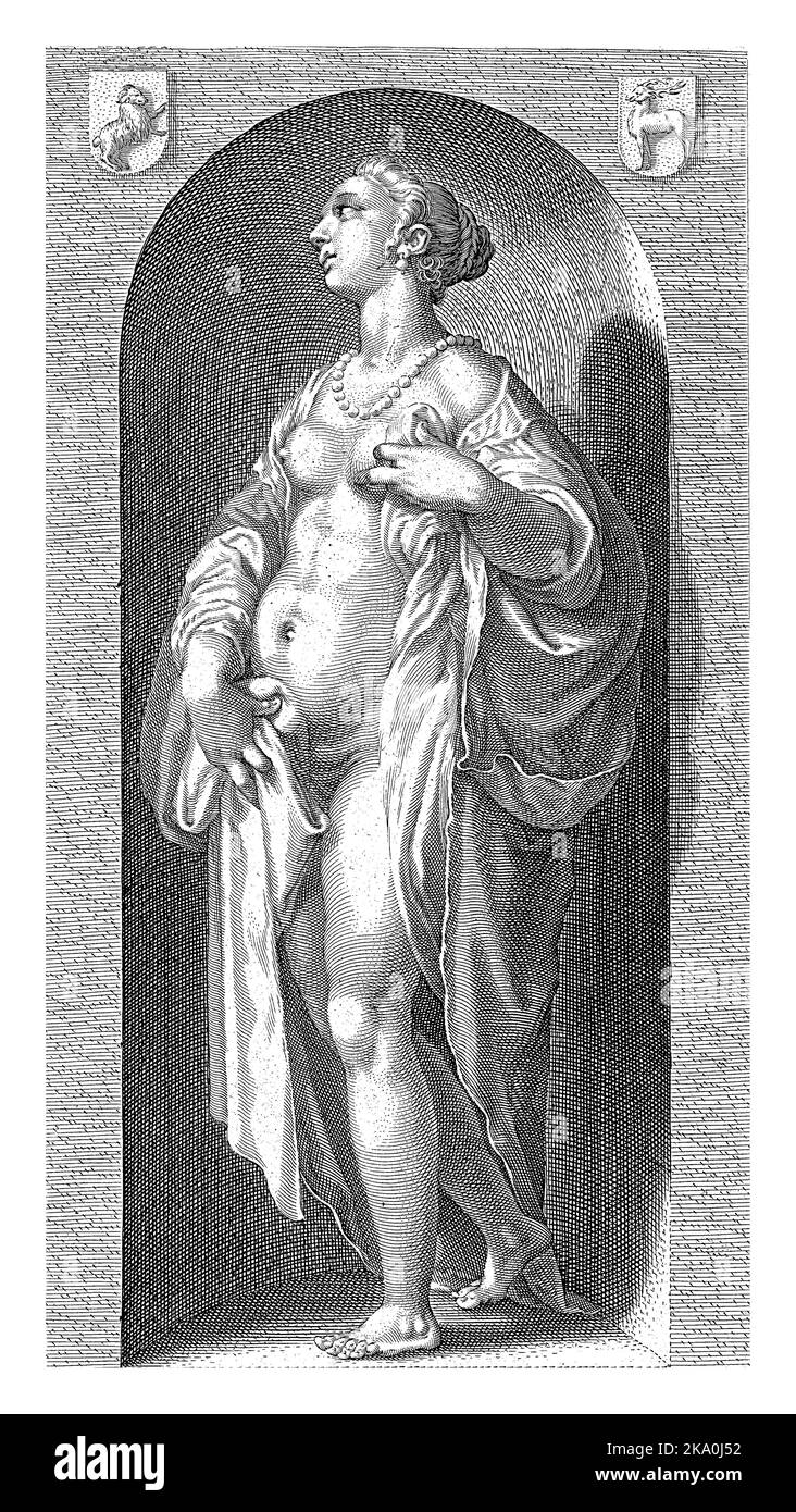 Personifizierung der Lust, dargestellt als halbnackte weibliche Figur, die in einer Nische steht. Stockfoto
