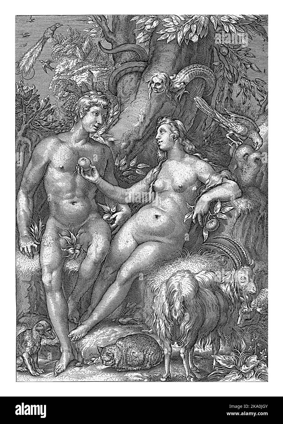 Eva bietet Adam einen Apfel vom Baum der Erkenntnis von gut und Böse an. Die Schlange, die das Gesicht einer Frau hat, wird um einen Ast der gewickelt Stockfoto