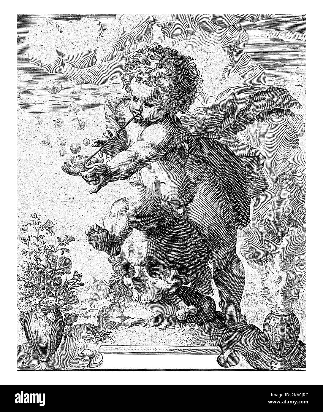 Ein Putto sitzt auf einem Schädel und bläst Blasen. Links eine Vase mit Blumen und rechts ein rauchenden Fass. Stockfoto
