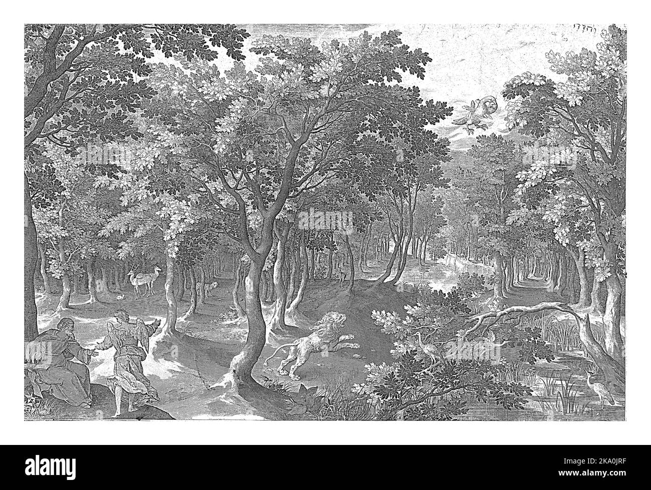 Fünfte Vision von Ezra, Nicolaes de Bruyn, 1687 - 1749 die fünfte Vision von Ezra. In einem Wald brüllt ein Löwe in den Himmel, wo ein brennender dreiköpfiger Adler Stockfoto