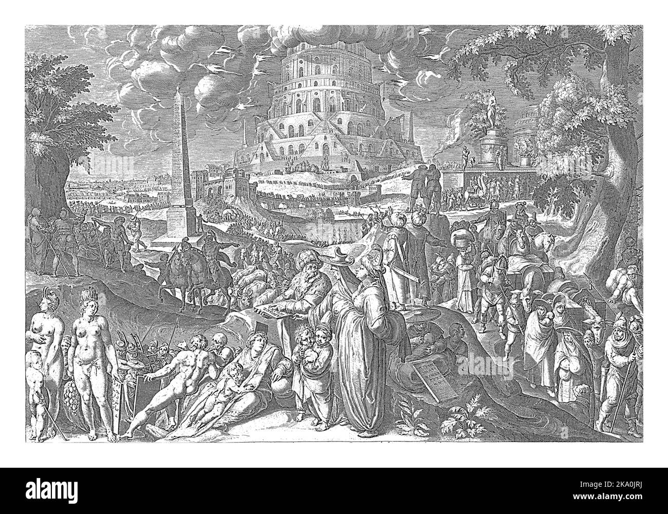 Im Hintergrund das Gebäude des Turms zu Babel. Wolken und Blitze umgeben den Turm und symbolisieren den Zorn Gottes. Im Vordergrund alle Angehörigen Stockfoto