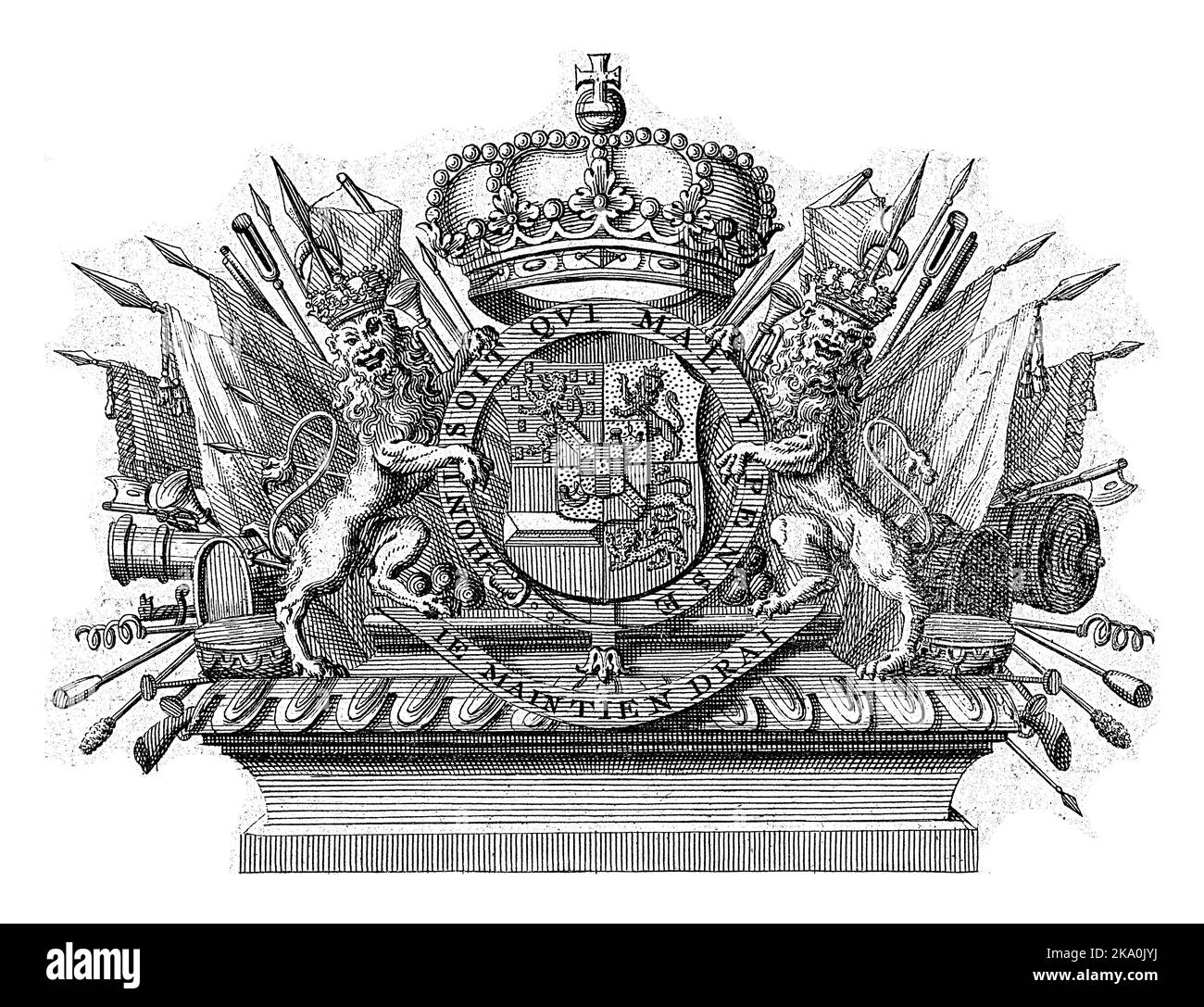 Wappen von Wilhelm IV. Mit einer Krone und zwei Löwen, verziert mit dem Gewand und dem Motto des Strumpfordens. Unten auf einer Banderole sein ge Stockfoto