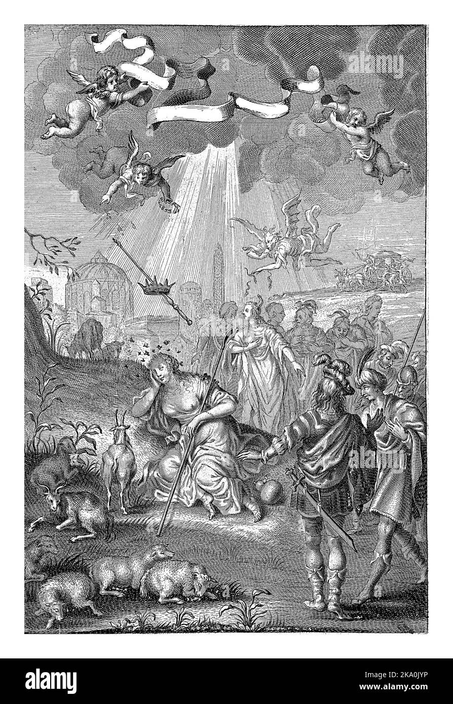 Die Hirtin Aspasia schläft mit ihrer Herde, während umstehende Zuschauer beobachten, wie eine Krone und ein Zepter vom Himmel herabsteigen, Cornelis van Dalen (I) (abgelehnt att Stockfoto