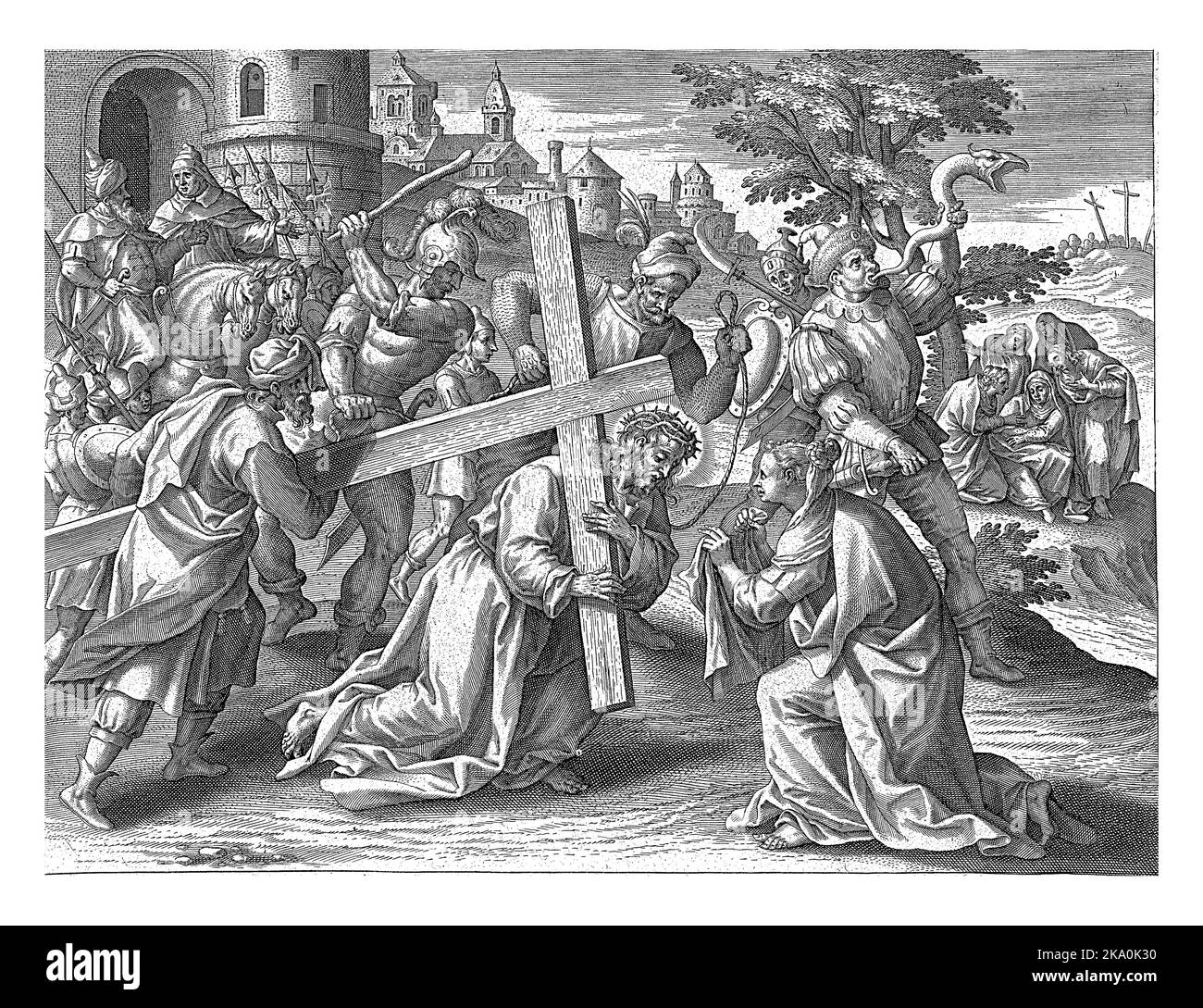 Christus fällt mit dem Kreuz auf seinem Weg nach Golgatha und Veronica bietet ein Tuch an, um seinen Schweiß abzuwaschen. Stockfoto