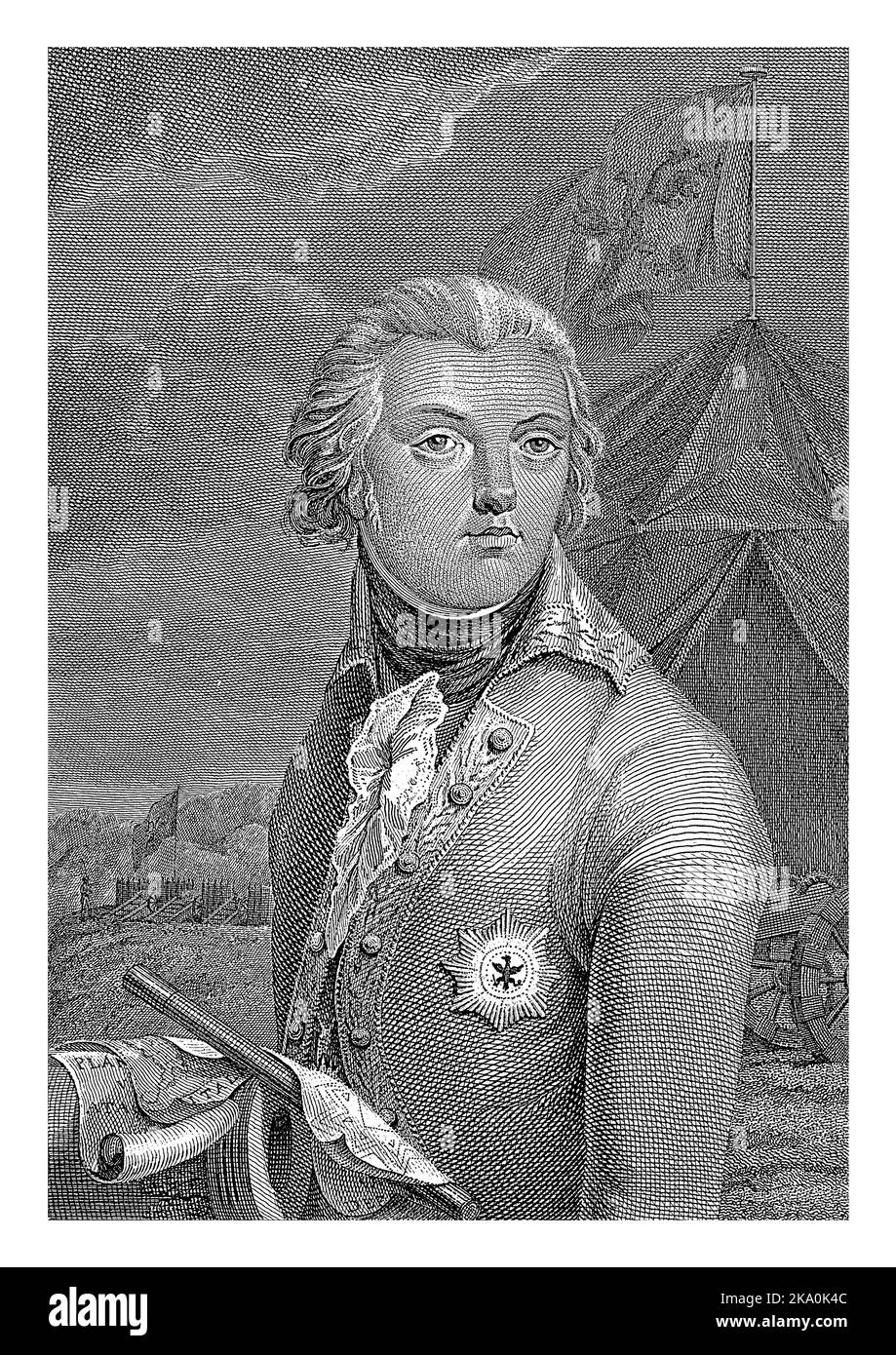 Porträt Frederiks, Prinz von Oranien-Nassau, Daniel Vrijdag, nach Cornelis Groeneveld, 1802 Porträt Frederiks. Im Hintergrund ein Armeezelt. Stockfoto