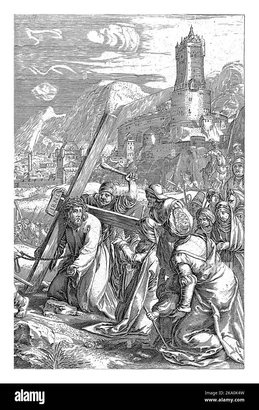 Christus trägt das Kreuz auf Golgatha. Veronica kniet neben ihm nieder und bietet ihm ein Handtuch an. Stockfoto