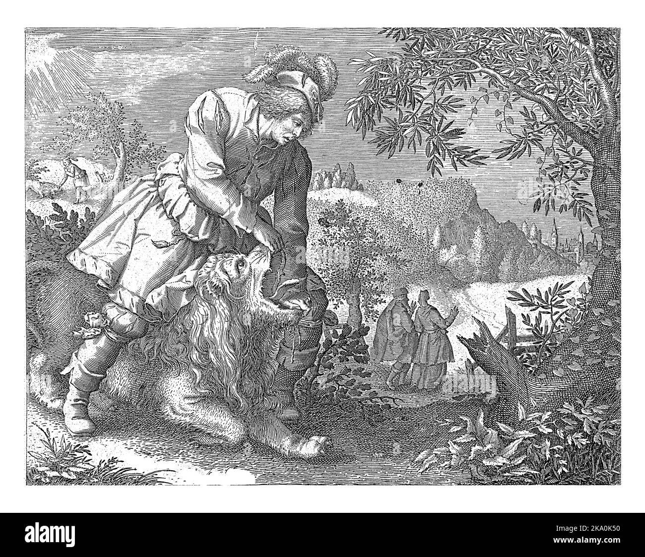 Samson überspannt den Löwen und öffnet seinen Mund. Im Hintergrund links steht Samson mit dem toten Löwen; er nimmt Honig aus dem Körper der Bohne Stockfoto