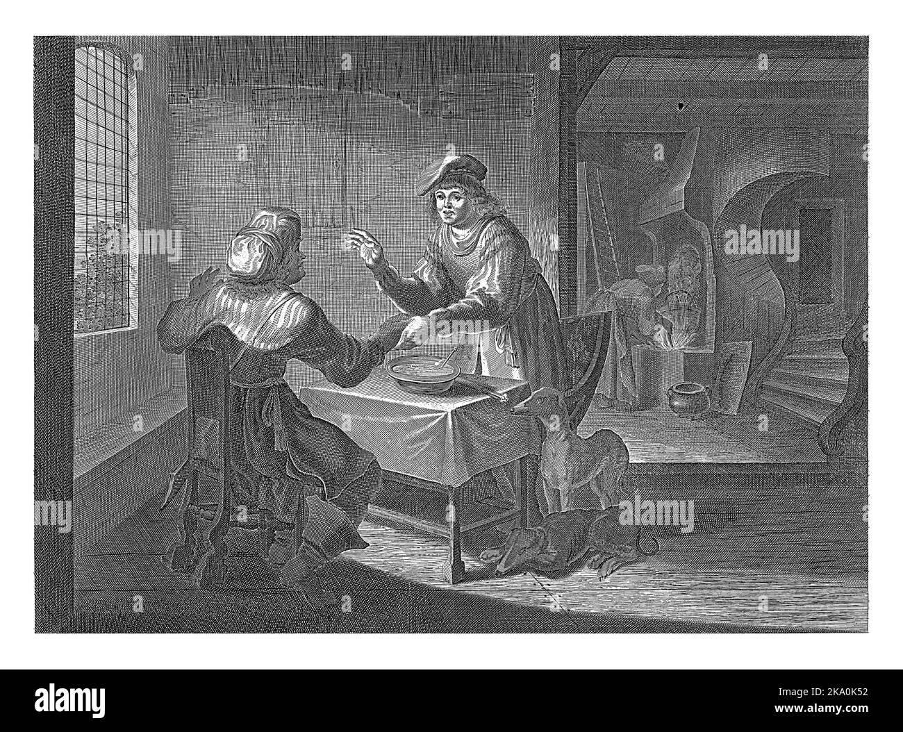 Esau verkauft sein Geburtsrecht an Jakob, anonym, 1630 - 1702 Esau ist hungrig von der Jagd zurückgekehrt und sitzt am Tisch. Neben dem Tisch sind t Stockfoto