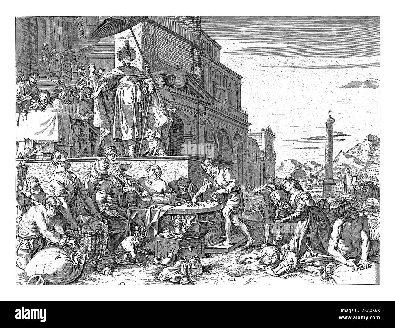 Joseph verkauft Getreide als Vizekönig Ägyptens, anonym, nach Jan de Bisschop, nach Bartholomeus Breenbergh, 1652 - 1702 als Vizekönig Ägyptens verkauft Joseph Stockfoto