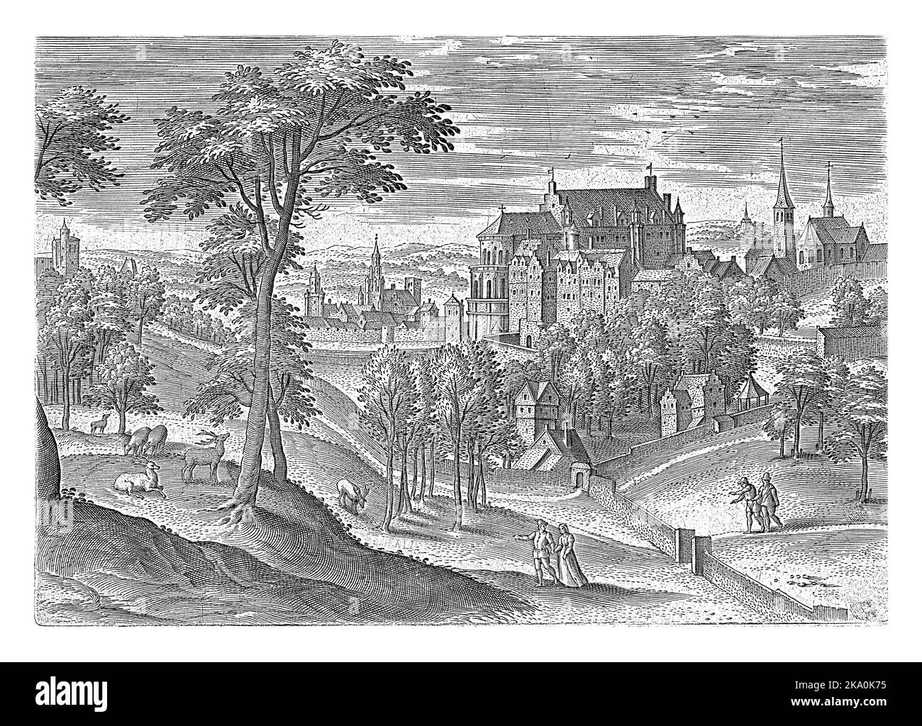 Blick auf das Brüsseler Gericht (Palast auf dem Koudenberg). Paare spazieren durch den Warande Park. Der Druck ist Teil einer Serie mit Gesichtern aus der Brut Stockfoto