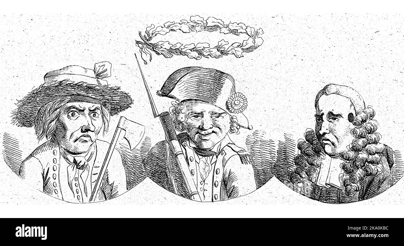 Karikatur von Gleichheit und Brüderlichkeit, 1795. Drei Büsten nebeneinander. Stockfoto