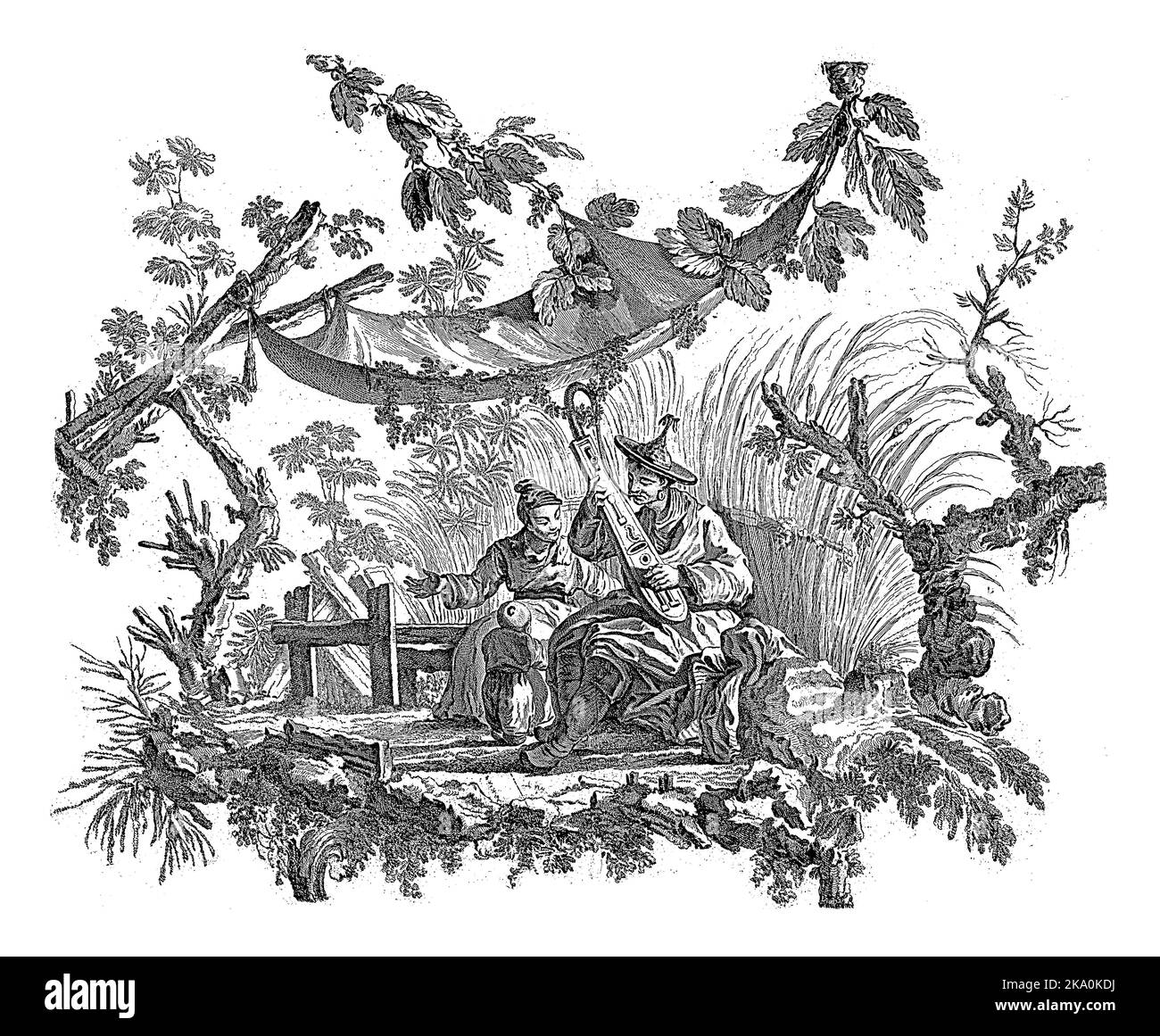 Chinesische Häuser und Figuren. Suite mit sechs Drucken. I. Pilling Inv. FA. aveline sc. London von I. Pillement, A Paris chez Basan, Francois-Antoine Aveline, Stockfoto