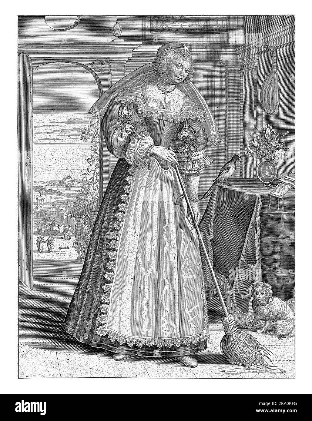 Elegant gekleidete Frau, die mit einem Besen den Boden fegen. Auf der rechten Seite ein Tisch, auf dem eine Vase mit Blumen und einem Vogel. Stockfoto