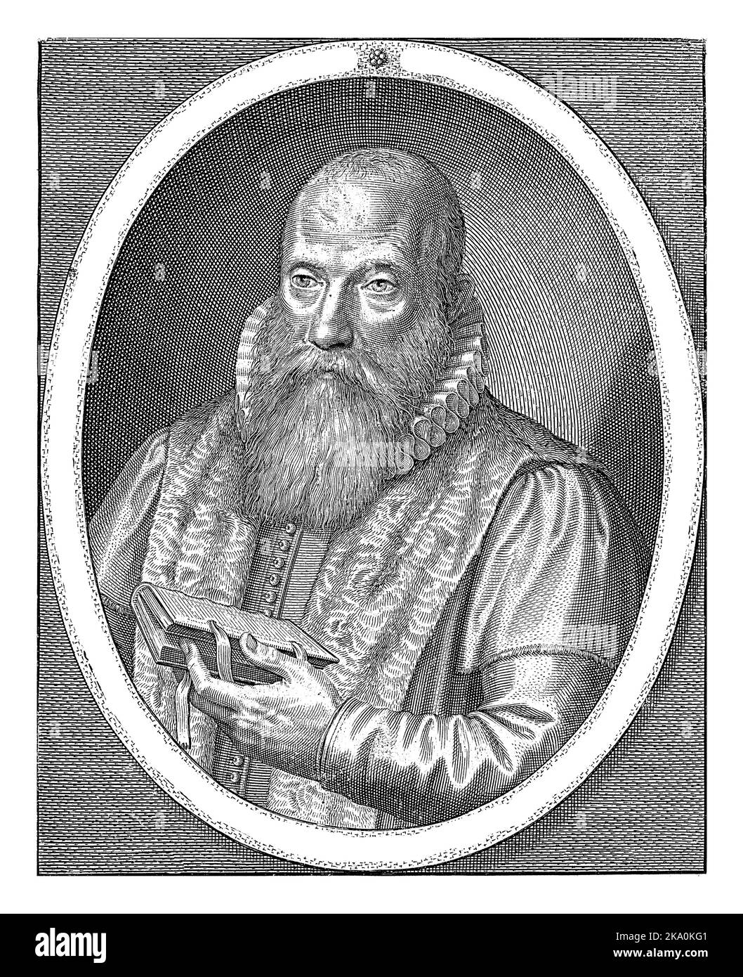 Porträt von Franciscus Gomarus, Professor für Theologie an der Universität Leiden, mit einem Buch in der Hand, im Alter von 45 Jahren. Am unteren Rand des Randes Stockfoto