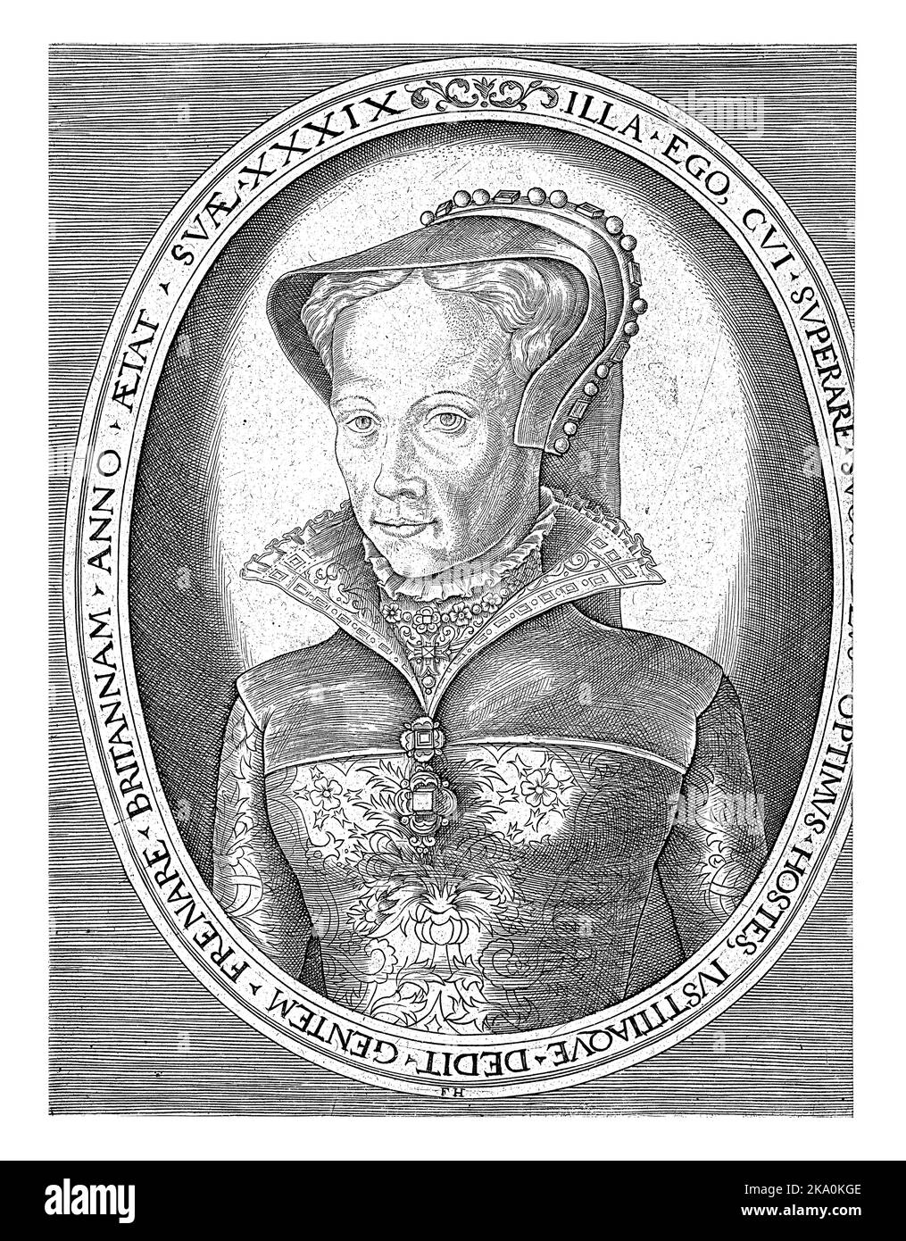 Büste von Maria I., Königin von England, mit Blick nach links in einem ovalen Rahmen mit lateinischer Randschrift. Stockfoto