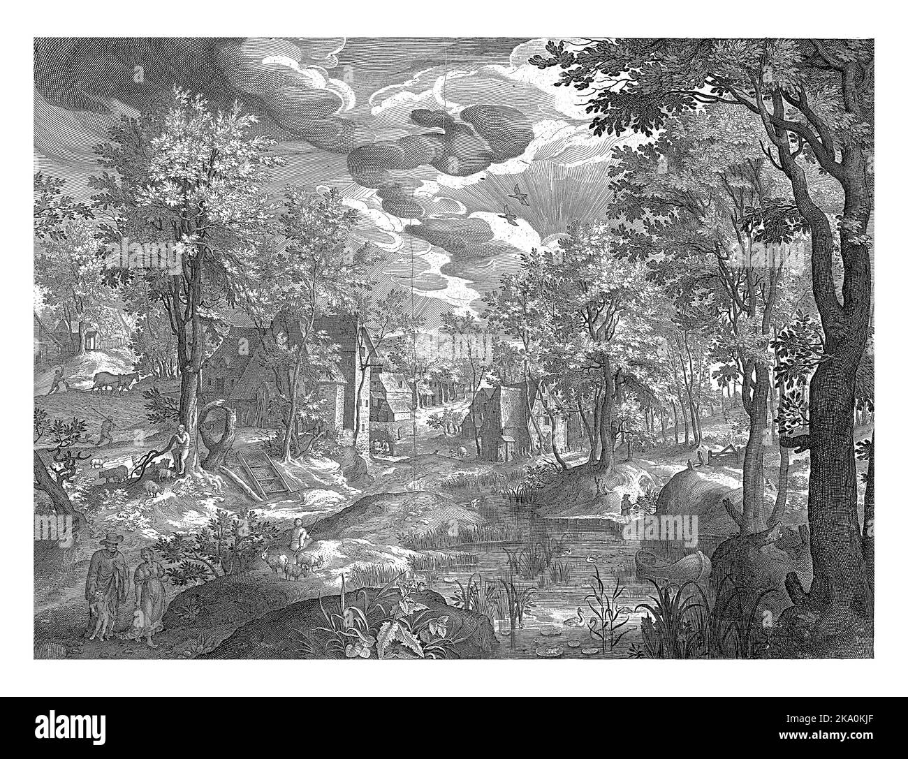 Landschaft mit Hagar und Ismael auf ihrem Weg mit einem Krug und Brot, nachdem sie von Abraham vertrieben wurden. Am unteren Rand ist ein Zitat aus bible tex Stockfoto