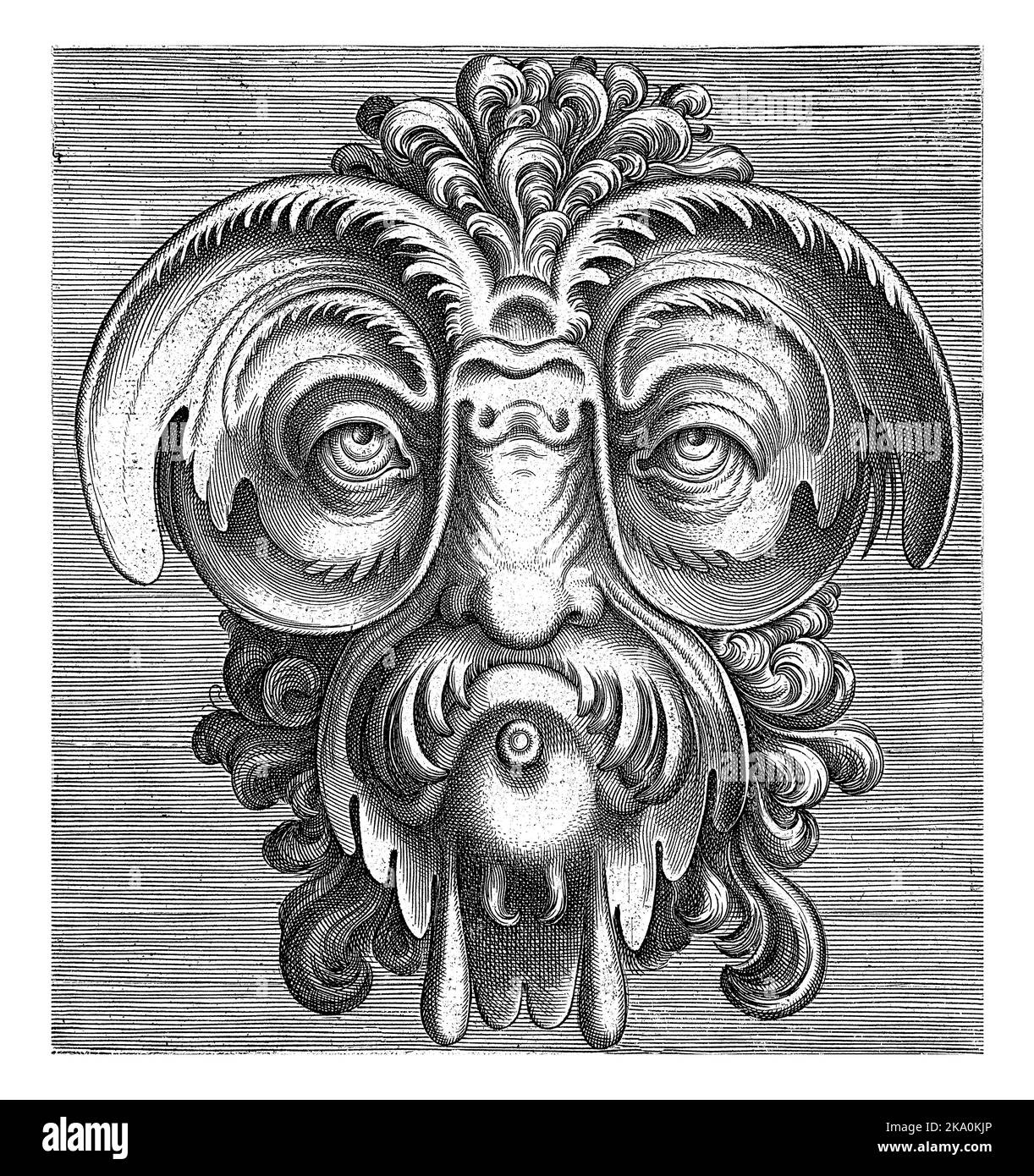 Am runden Kinn befindet sich ein Knopf. Eines von 14 Blättern aus einer Serie von 18 mit dem Titel „geniale Fälschungslehre mehrerer Maskenarten“. Die Titelseite Stockfoto