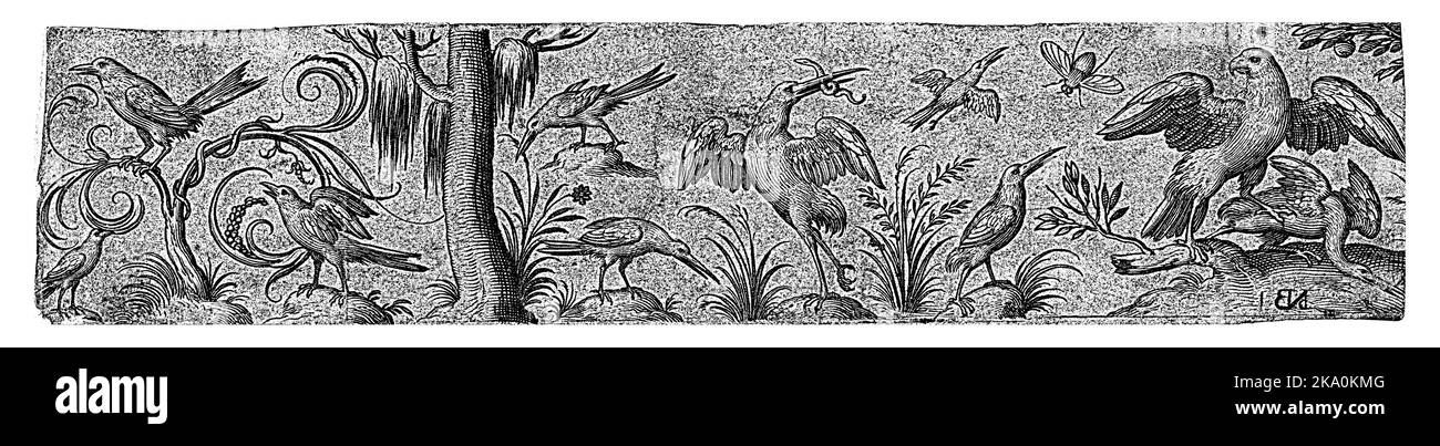 Frieze mit zehn Vögeln und einem Insekt, Nicolaes de Bruyn, nach Hans Lieflinck (II), nach Hans Collaert (I), 1581 - 1656 Ein Baum links. In der Mitte Stockfoto