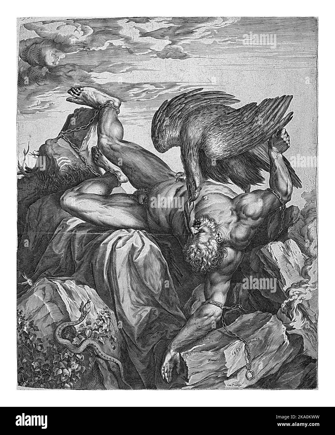 Darstellung mit zwei möglichen Interpretationen: 1. Tityus wird in der Hölle bestraft. Er ist an einen Felsen gekettet, während ein Adler seine Leber aus seinem Körper zieht. Stockfoto