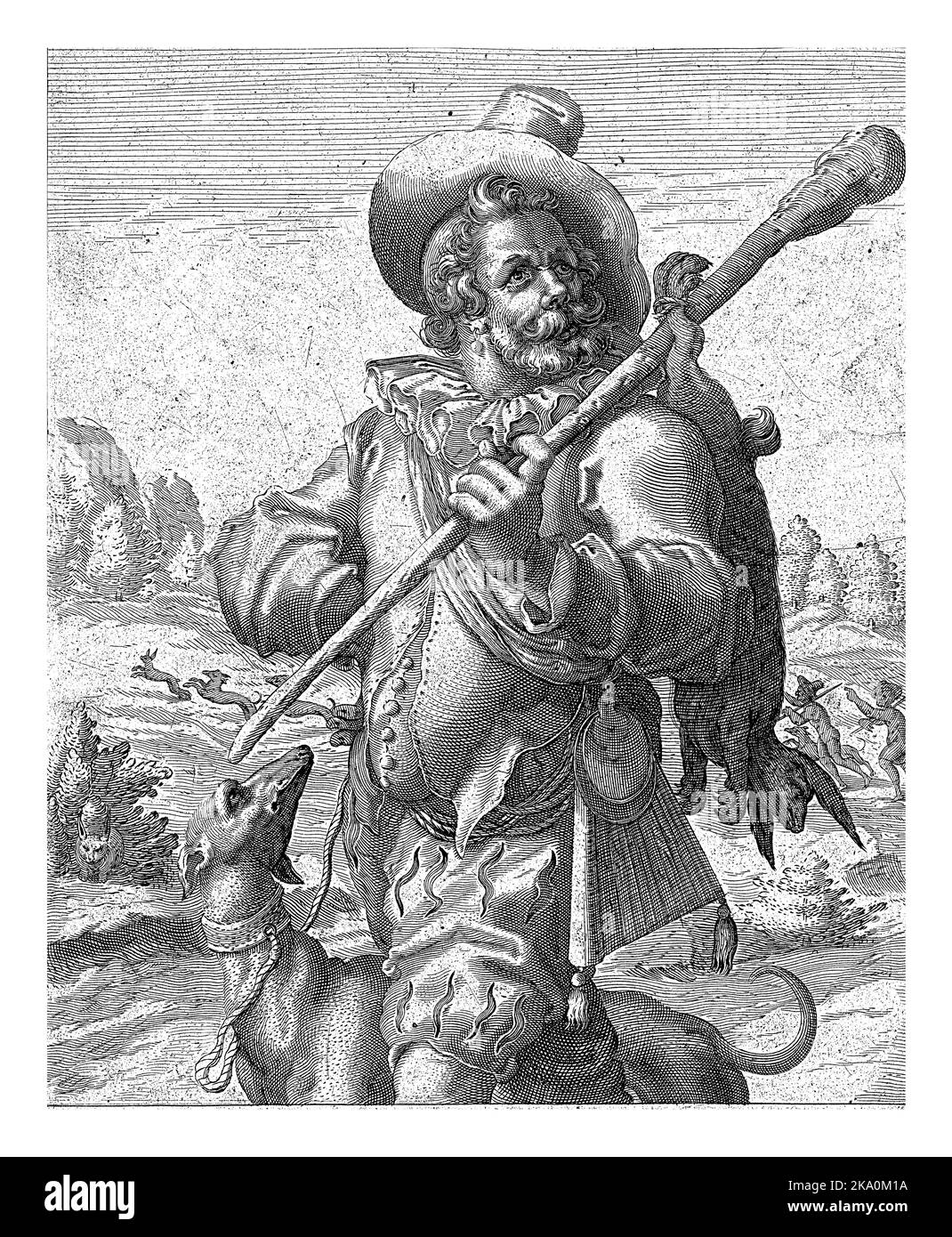 Darstellung des Elements Erde in Form eines Jägers mit Keule über der Schulter, an dem ein Hase hängt. An seiner Seite ist ein Hund an der Leine. Stockfoto