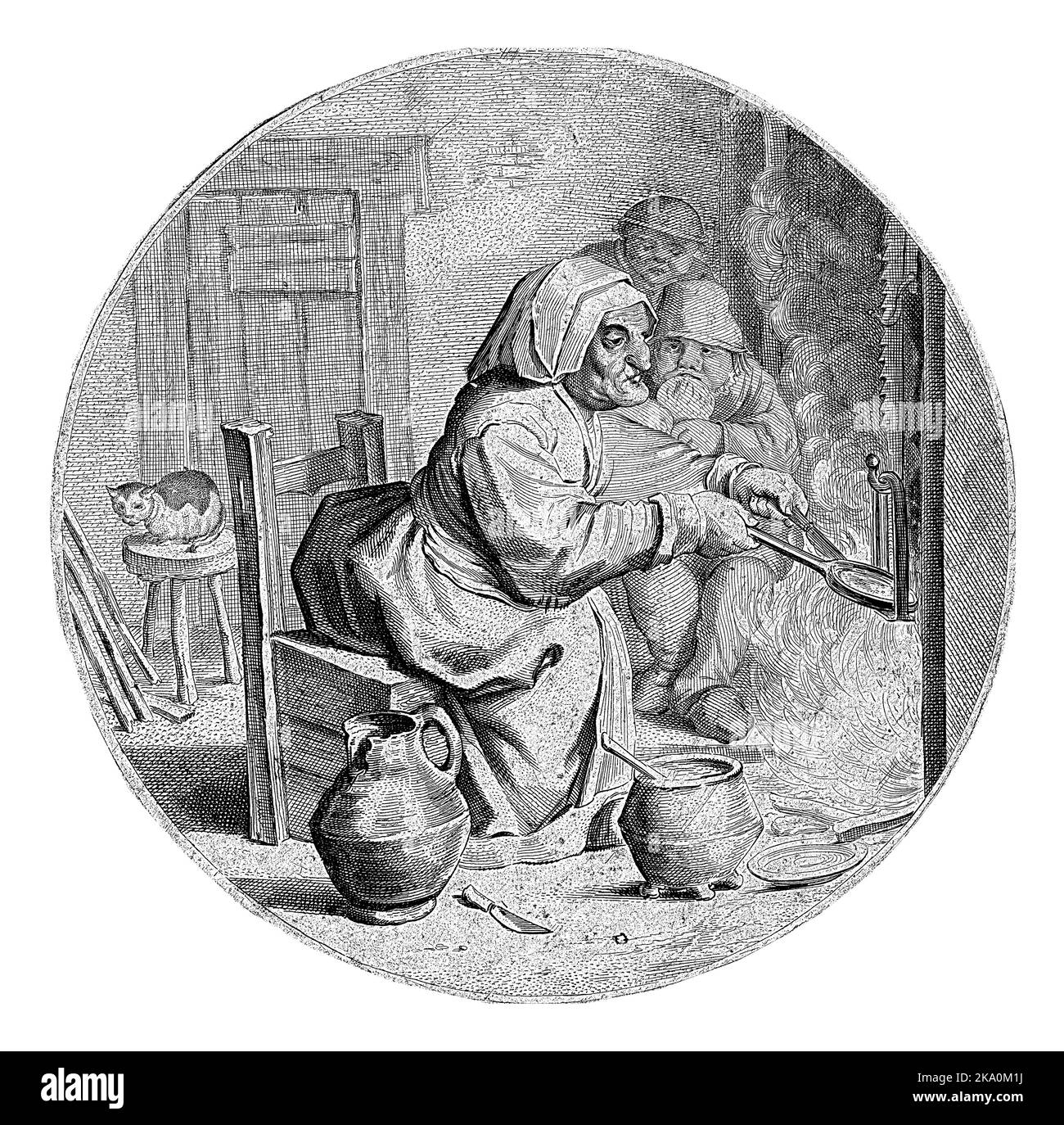 Eine Frau sitzt vor einem Feuer in einem Innenraum und bäckt Pfannkuchen. Hinter ihren beiden Jungen und links eine Katze auf einem Stuhl. Stockfoto