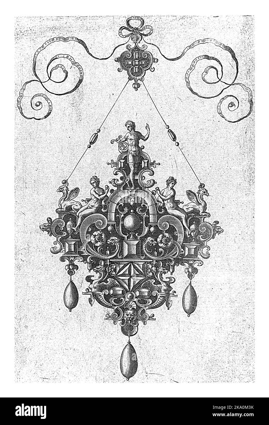 Auf dem Anhänger steht Apollo mit seiner Leier 7 aus einer Serie von 10 Blättern mit Fronten von Kleiderbügeln. Edelsteine in Vertonungen von Grotesken und Scroll Stockfoto