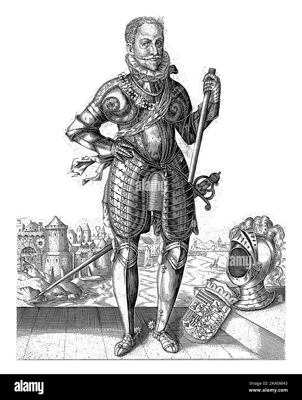 Porträt von Ernst von Österreich, Erzherzog von Österreich. Er hat einen Kommandostab in der Hand. Sein Helm und sein Wappen liegen auf dem Boden. Im Hintergrund ein Stockfoto