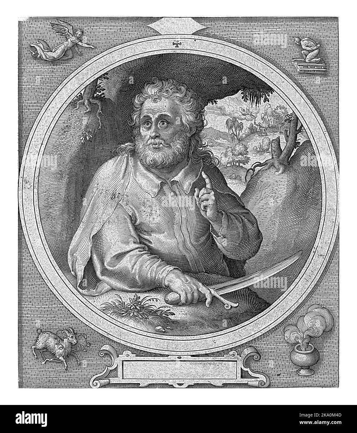 Abraham mit einem Messer sitzt in einer Landschaft mit in der Ferne einer Szene aus der biblischen Geschichte, in der der Engel verhindert, dass Abraham zu opfern Stockfoto