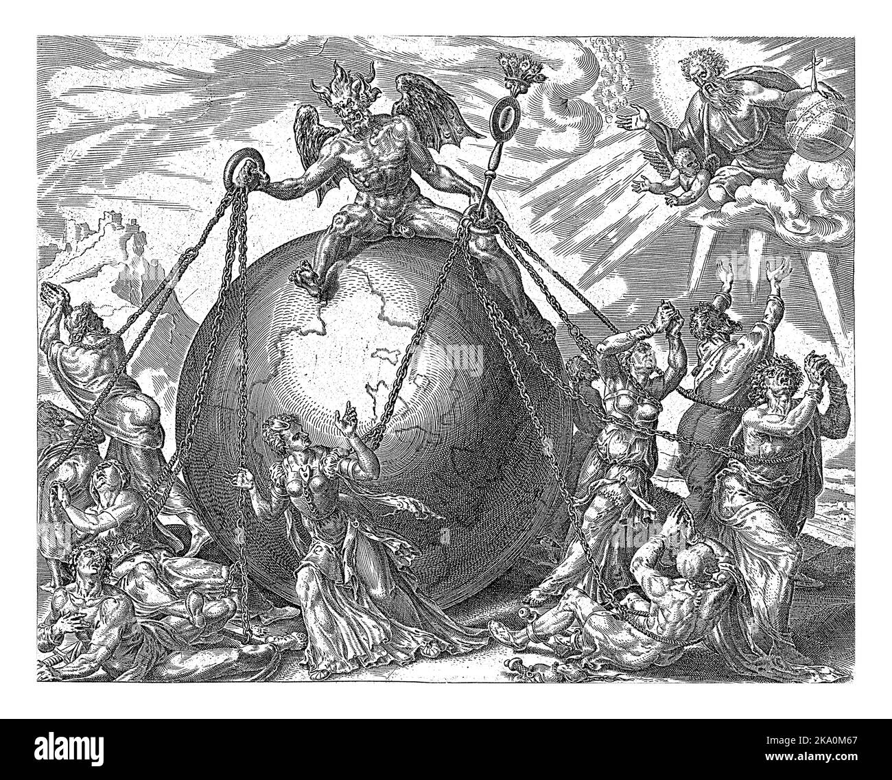 Lass dein Königreich kommen, Johannes Wierix, nach Maarten van Heemskerck, 1569 - 1573 Männer und Frauen versuchen, sich von den Ketten zu befreien, mit denen die Stockfoto Lass dein Königreich kommen, Johannes Wierix, nach Maarten van Heemskerck, 1569 - 1573 Männer und Frauen versuchen, sich von den Ketten zu befreien, mit denen die Stockfoto