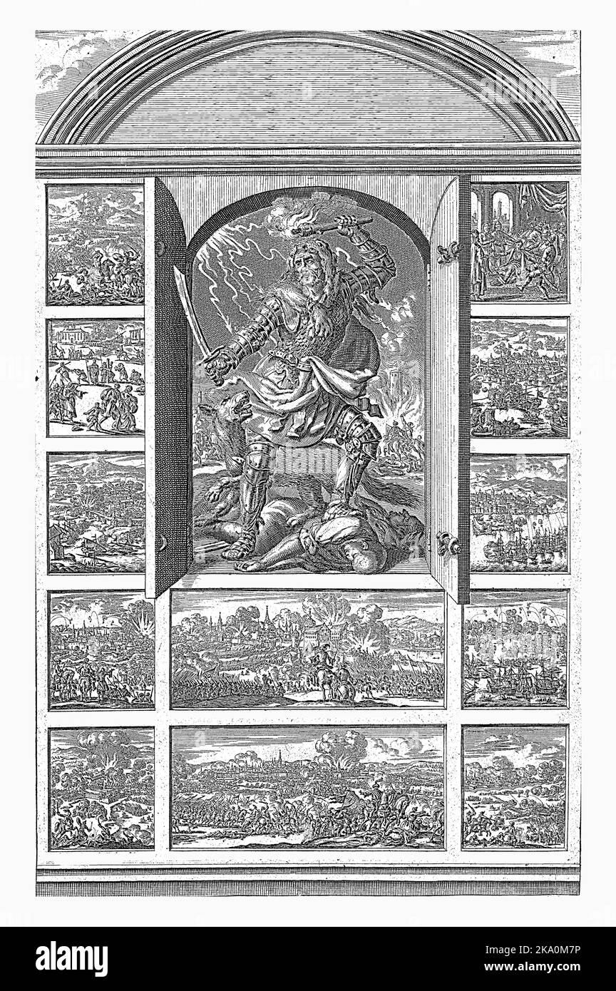 Krieg bewaffnet mit Fackel und Schwert, Jan Luyken, 1688 Offene Türen, hinter denen ein grimmiger Krieger mit Fackel und Schwert steht. Umgeben von zwölf kleineren sc Stockfoto