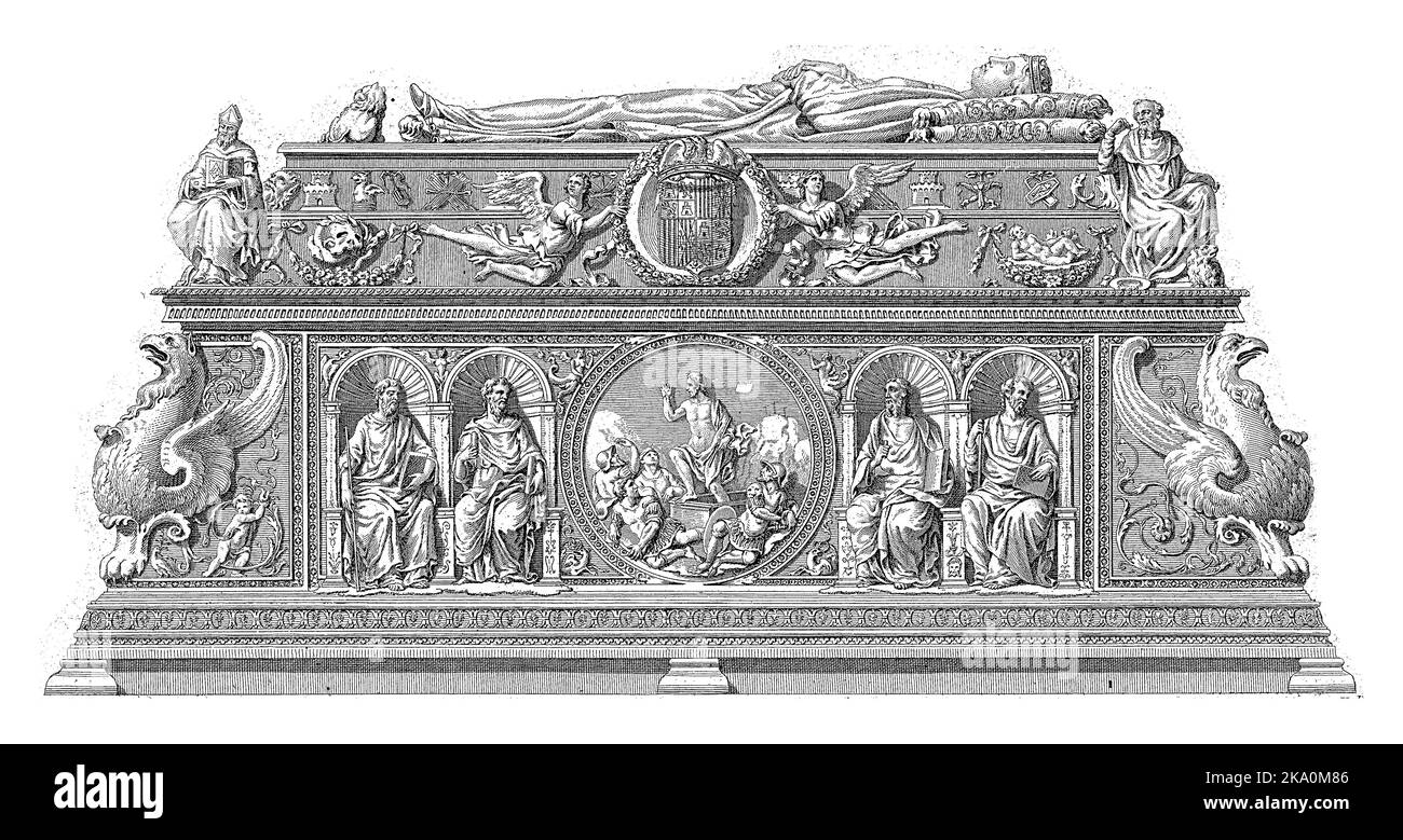 Grab für Ferdinand II. Der Katholische und Isabella I. der Katholische. Auf der Oberseite der liegenden Grabskulptur (Gisant) von Isabella. Oben zentrieren Sie das Fell von ar Stockfoto