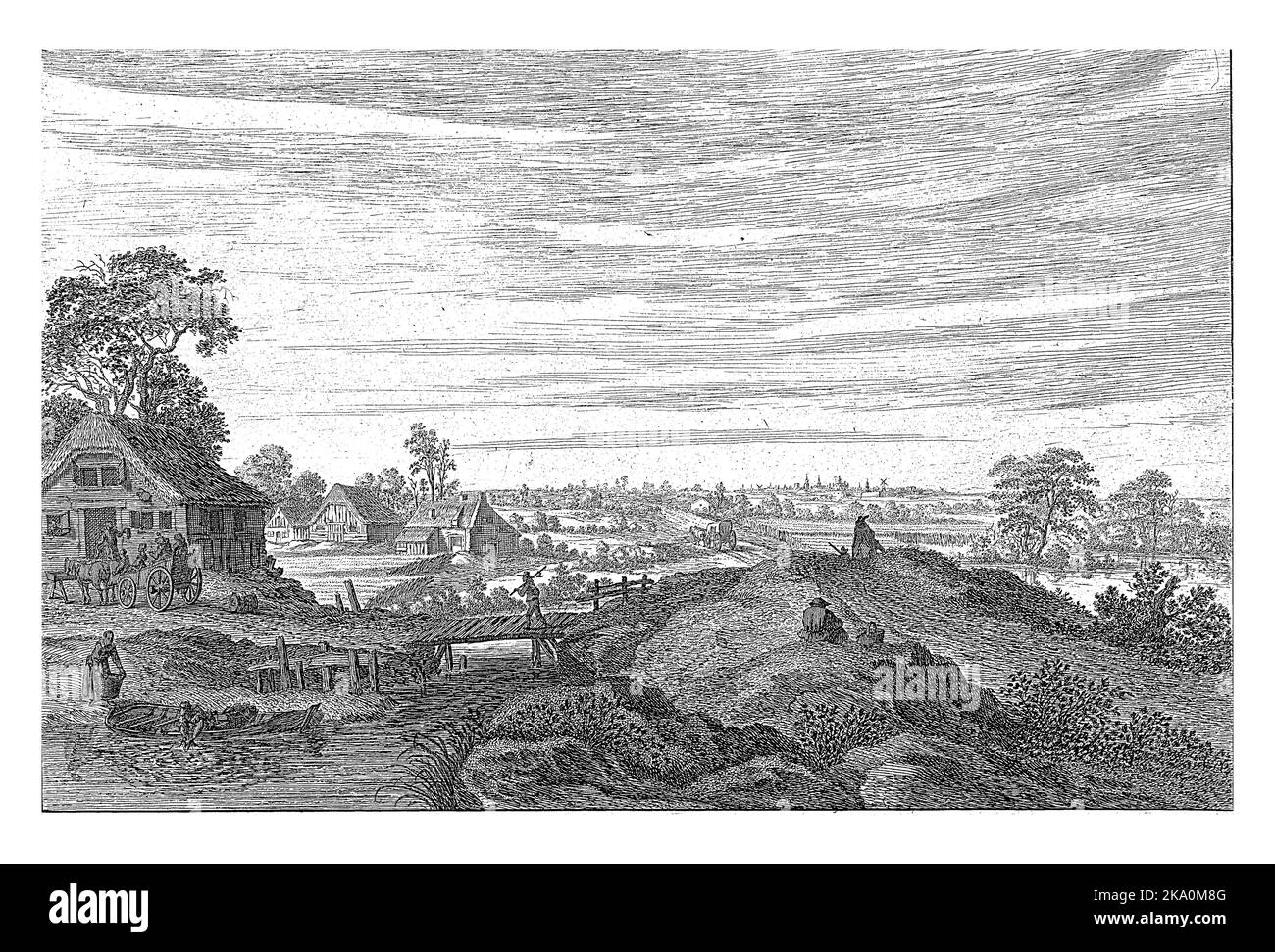 Mehrere Bauernhöfe befinden sich in einer Landschaft. In der Nähe des Hauses auf der linken Seite ist eine Kutsche, aus der die Pferde trinken. Auf der linken Seite zieht ein Mann einen Fischerna Stockfoto