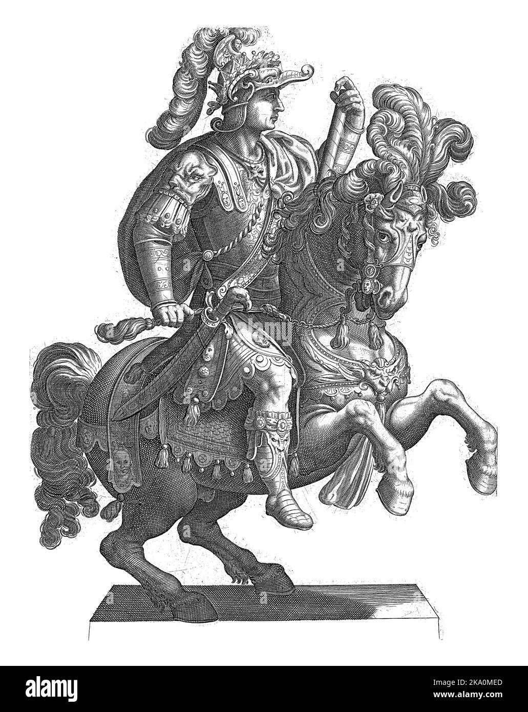 Ein römischer Kaiser auf dem Pferderücken, im Profil dargestellt mit einer Hand am Züg und in der anderen seinem Befehlsstab. Stockfoto