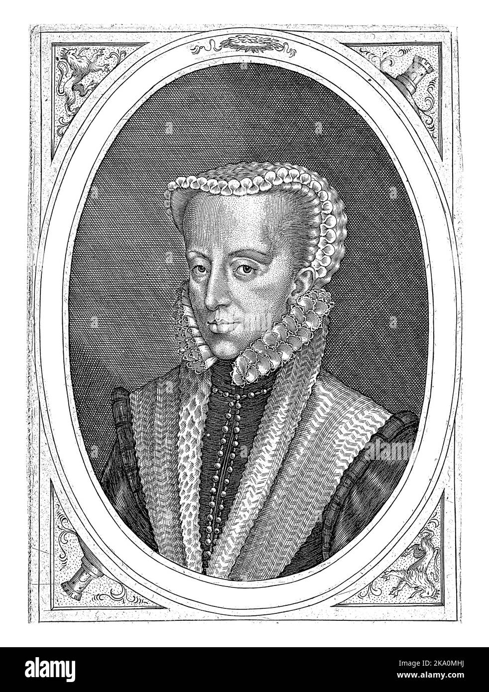 Büste rechts von Maria, Königin von Böhmen, in einem Oval mit ihrem Namen und Titel in lateinischer Sprache. Unter dem Porträt drei Zeilen in Latein. Stockfoto