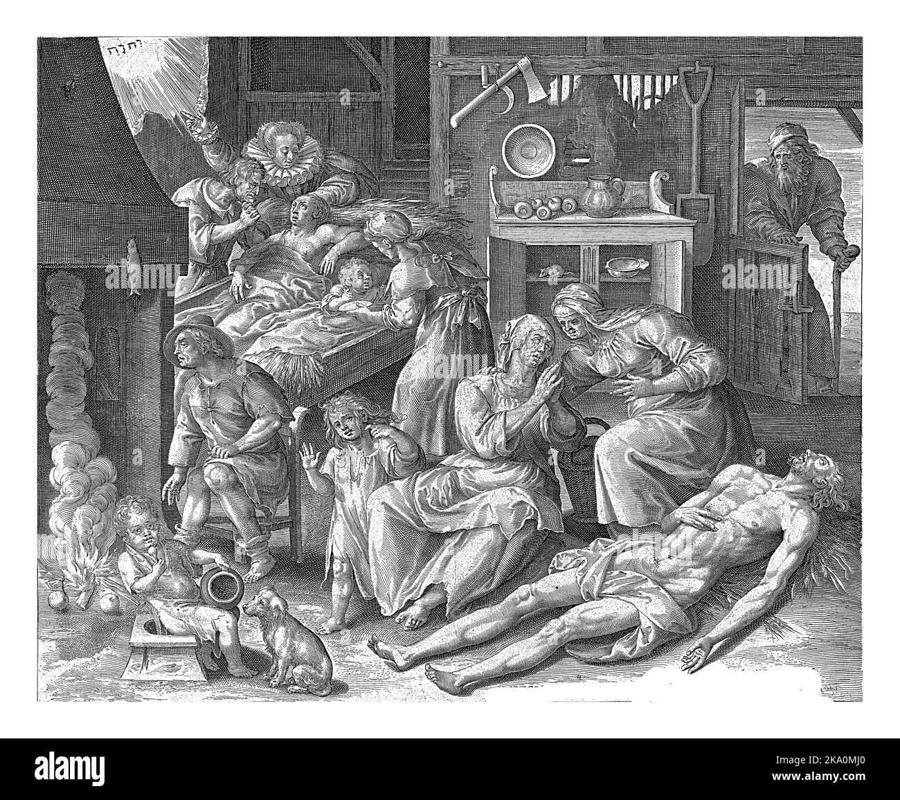 Ein Haus der Trauer, Nicolaes de Bruyn, nach Maerten de Vos, 1581 - 1656 Darstellung eines der Weisheiten nach dem Buch Ecclesiastes (no Stockfoto