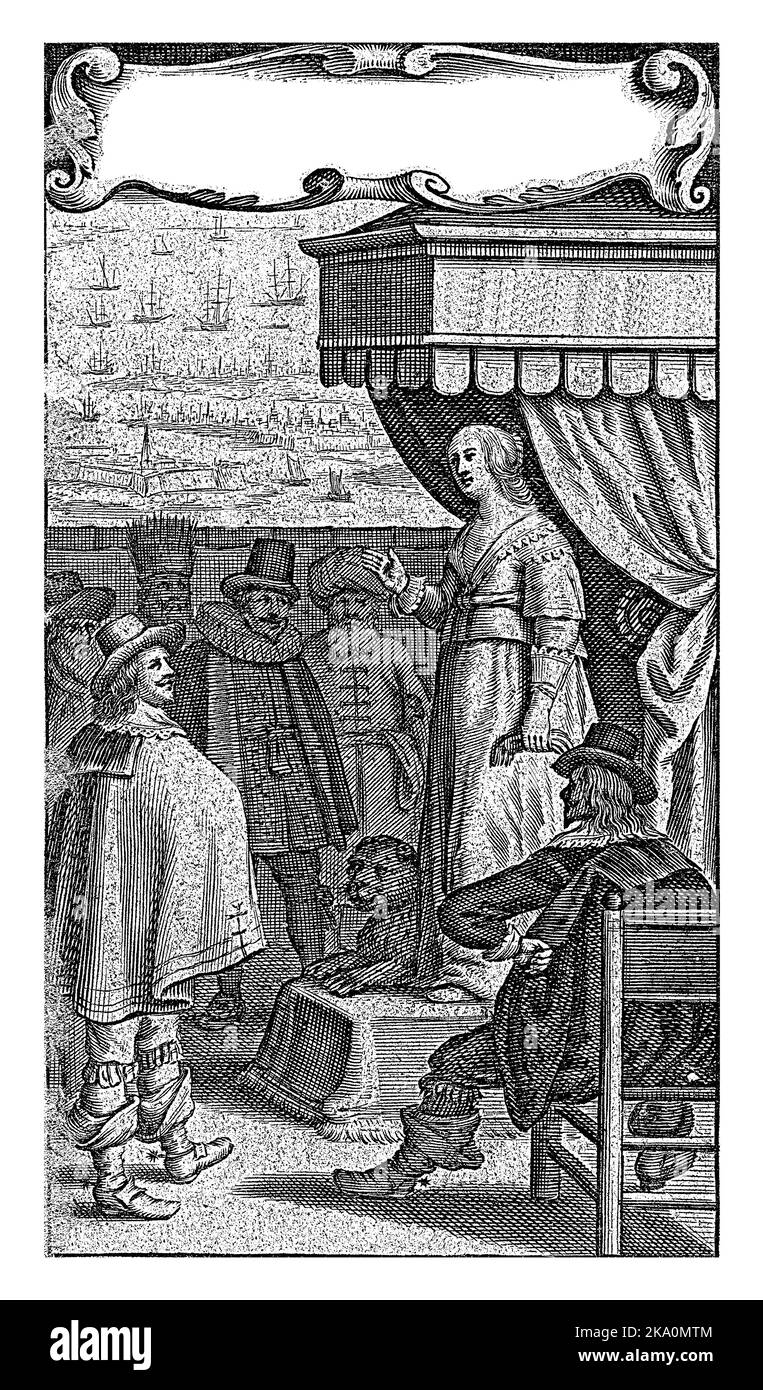 Dutch Virgin with a Lion on a Throne Speaks for Men from different countries, Kartusche mit Titel, Cornelis van Dalen (I), 1645 Stockfoto