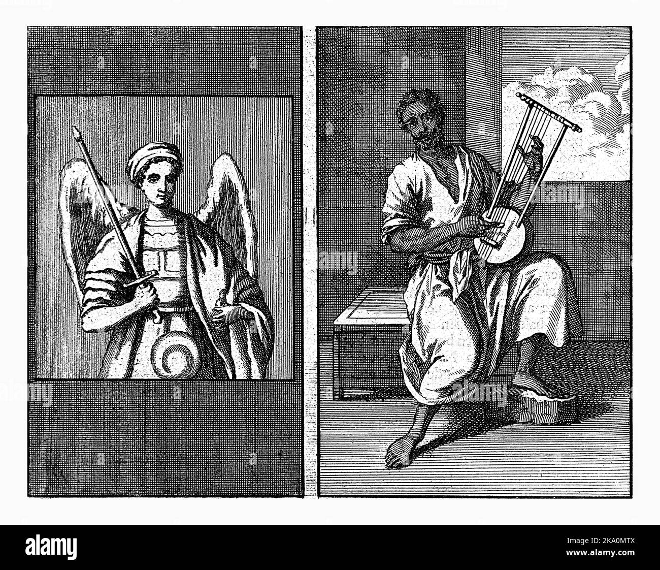 Engel mit Schwert / Moor spielt ein fünfsairiges Instrument, Jan Luyken, 1698 zwei Darstellungen auf einer Platte, nummeriert oben links: 106. Stockfoto