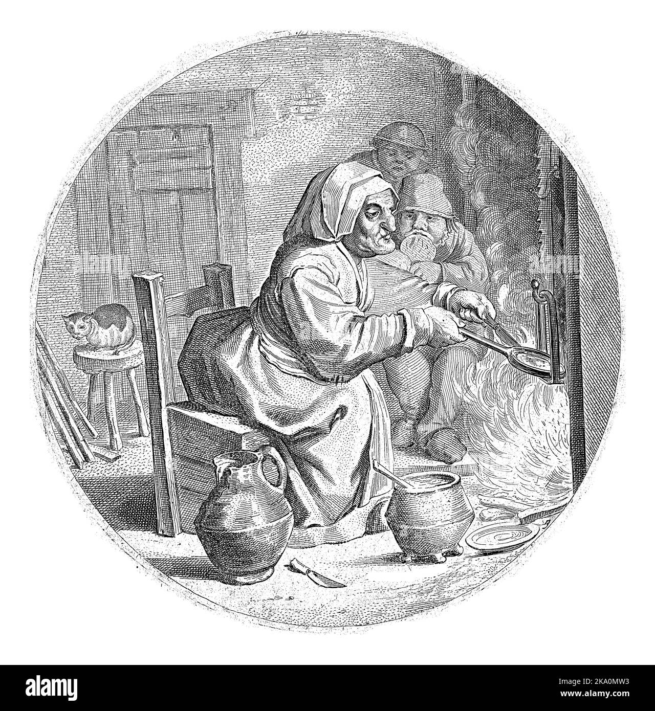 Eine Frau sitzt vor einem Feuer in einem Innenraum und bäckt Pfannkuchen. Hinter ihren beiden Jungen und links eine Katze auf einem Stuhl. Stockfoto