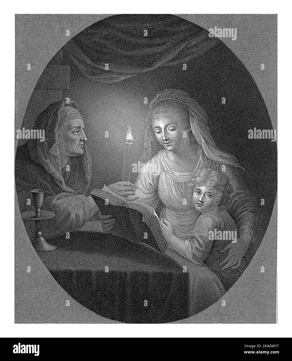 Alte Frau und Frau mit Kind lesen Abendgebet bei Kerzenschein, Ignatius Joseph van den Berghe, nach Godfried Schalcken, 1800 Stockfoto