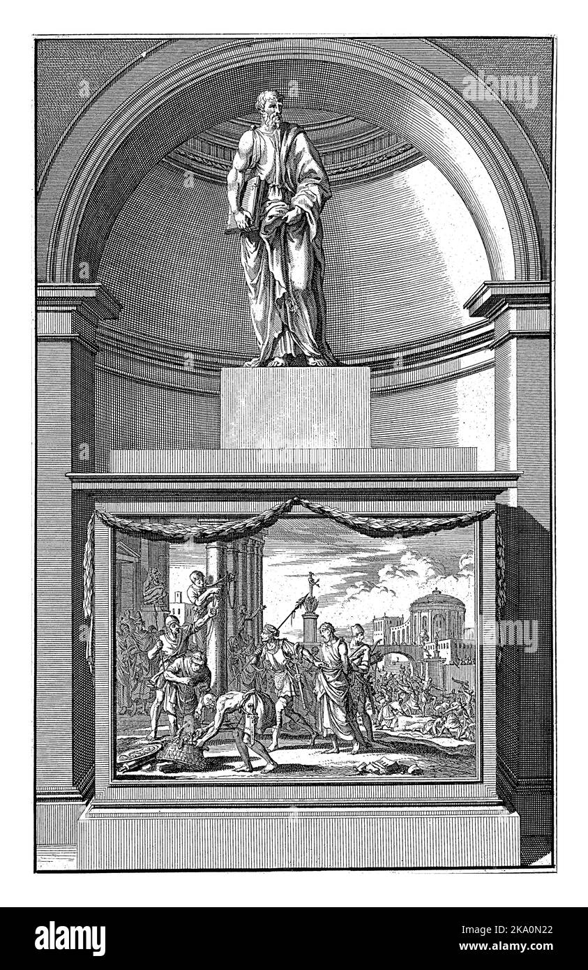 Apostel Philippus, Jan Luyken, nach Jan Goeree, 1698 der Apostel Philipp mit einem Buch in seinen Händen. Philip steht auf einem Podest mit seiner Folterdarstellung Stockfoto