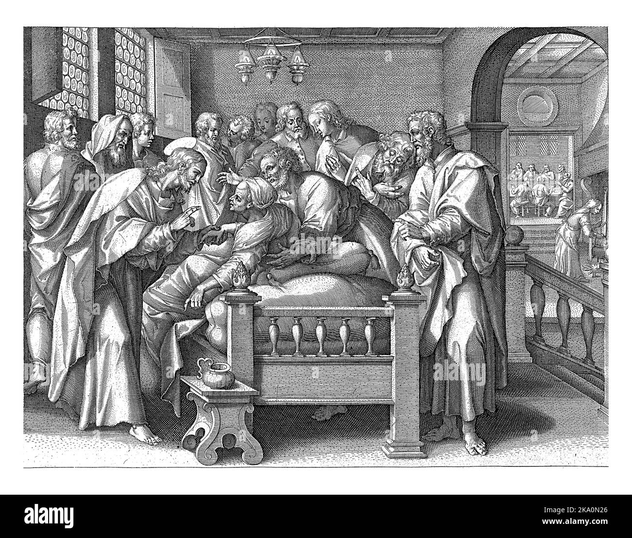 Die Schwiegermutter des Apostels Petrus ist krank im Bett. Christus beugt sich über sie und segnet sie. Sofort wurde sie geheilt. Stockfoto