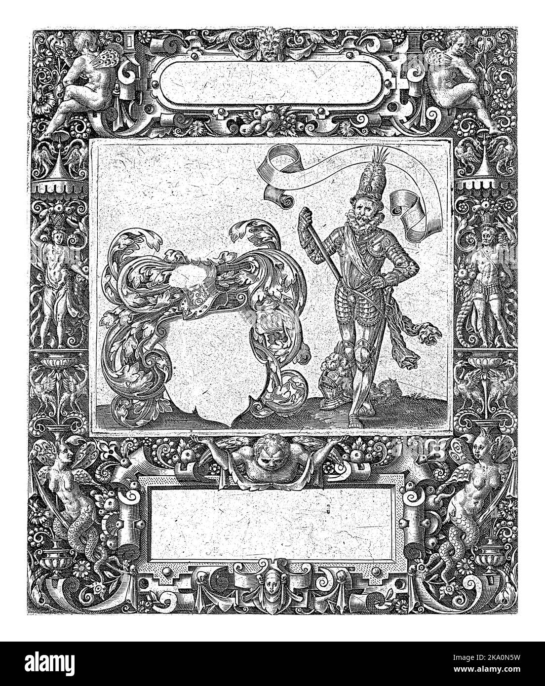 Rahmen mit einer länglichen Kartusche mit abgerundeten Seiten in der Mitte oben, Theodor de Bry, 1593 in der Mitte unten ist eine rechteckige Kartusche. Es ist ja so Stockfoto