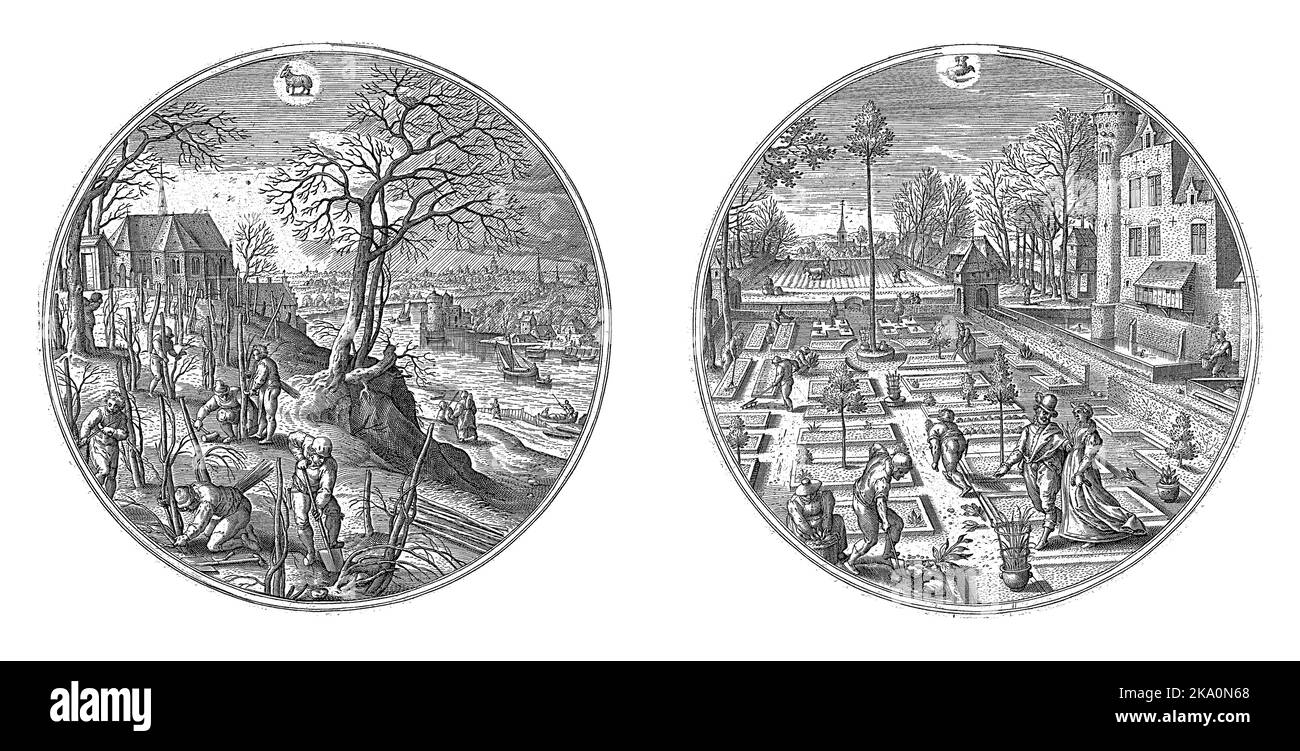 März auf der linken Seite, dem Pflanzmonat. Überall sind die Menschen damit beschäftigt, Bäume zu Pflanzen. Oberhalb der Mitte das Sternbild Widder. Im April, dem Grasmonat. Stockfoto