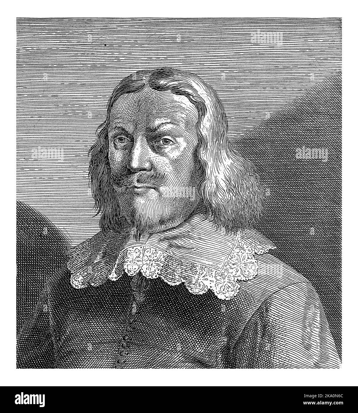 Porträt des schwedischen Diplomaten Johan Adler Salvius. Büste nach rechts. Am unteren Rand des Randes befindet sich ein sechszeiliger Text in lateinischer Sprache. Stockfoto