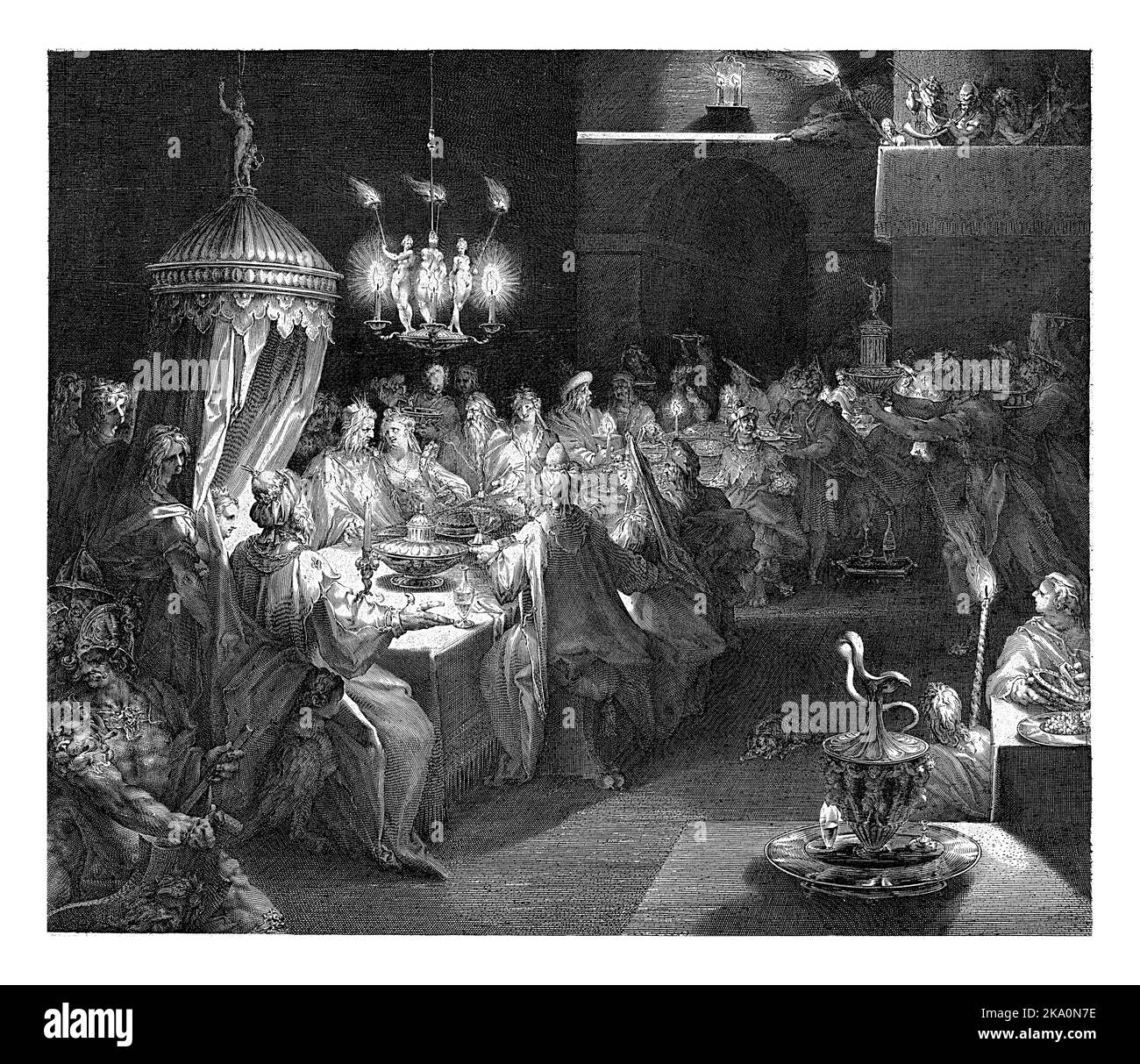 Das Bankett Belsazars, des Königs von Babylon, mit seinen Höflingen und Frauen. Belshazzar, von hinten gesehen, wird von der Hand erschreckt, die vor dem auftaucht Stockfoto